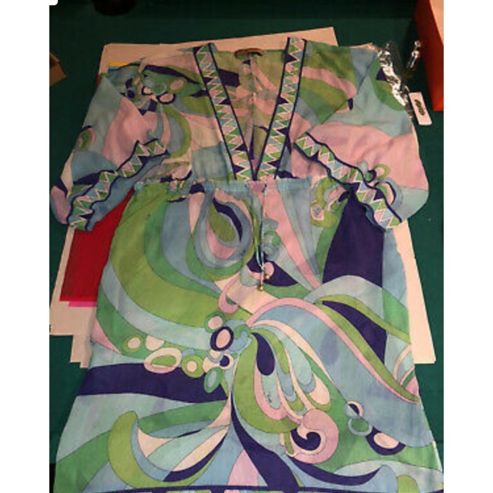 🔥 Emilio Pucci Kaftan Silk Coverup dress 📌 flawed repaired sewed